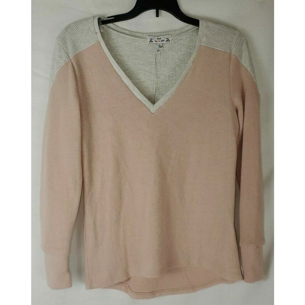 Poof New York Women's V neck Sweater Soft Pullover Rose Smoke Size S